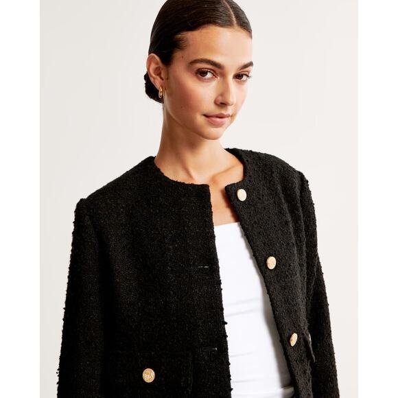 Abercrombie & Fitch Black Tweed Collarless Button Front Jacket Size Small - Picture 2 of 11